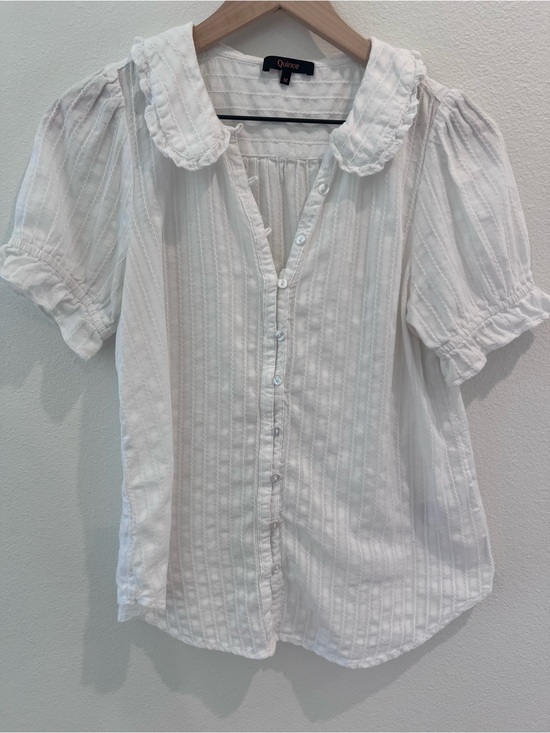 Quince Tops - Quince White Button-Front Puff Sleeve Blouse with Scalloped Collar